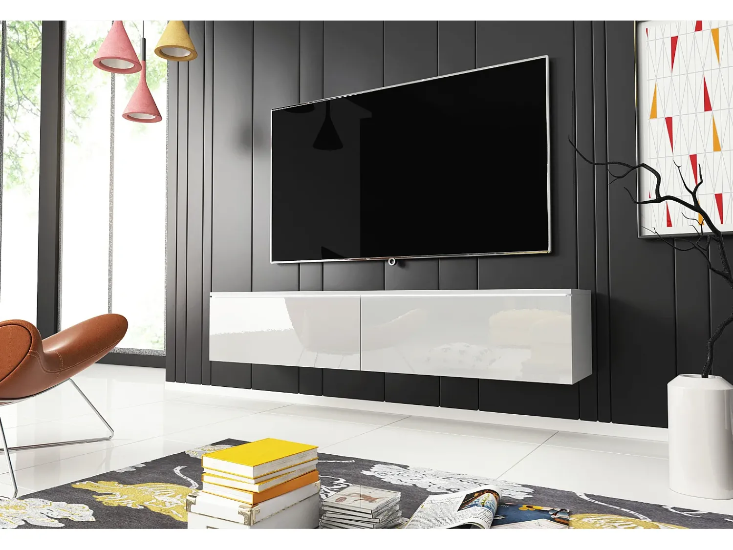 Móvel De Tv| Móvel de TV moderno 140 cm com LED 2 portas, sem puxadores, corpo mate, frentes brilho, de chão ou suspenso Branco