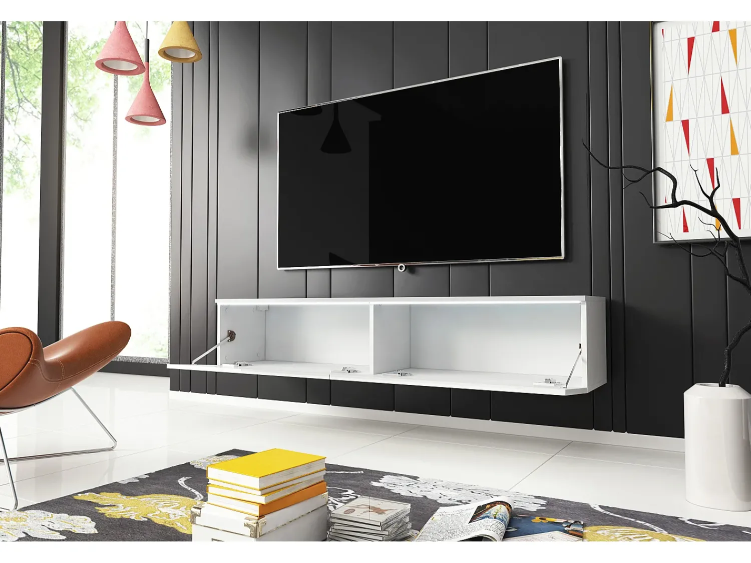 Móvel De Tv| Móvel de TV moderno 140 cm com LED 2 portas, sem puxadores, corpo mate, frentes brilho, de chão ou suspenso Branco