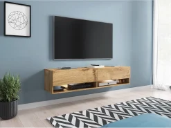 Móvel De Tv| Móvel de TV moderno 140 cm com LED sem puxadores Carvalho Wotan suspenso ou de chão 1 porta basculante 2 nichos Castanho