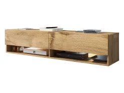 Móvel De Tv| Móvel de TV moderno 140 cm com LED sem puxadores Carvalho Wotan suspenso ou de chão 1 porta basculante 2 nichos Castanho