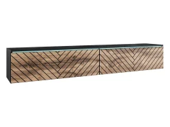 Móvel De Tv* Móvel de TV moderno 180 cm com LED para sala – 2 portas, sem puxadores, fosco, de chão ou suspenso, frentes MDF carvalho wotan espinha de peixe Preto