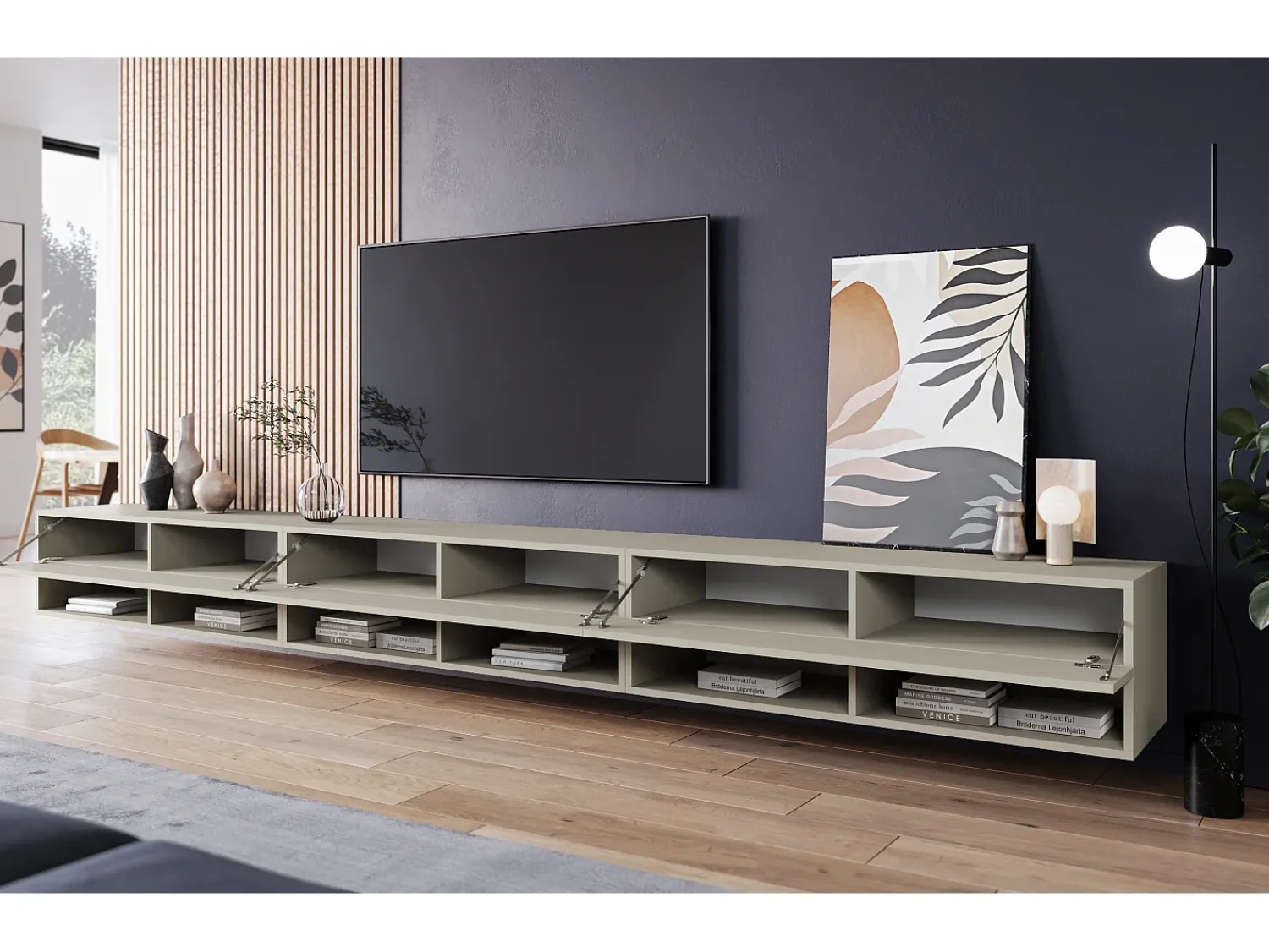 Discount Móvel de TV moderno 300 cm com LED – sem puxadores, caxemira mate, suspenso ou de pé Bege