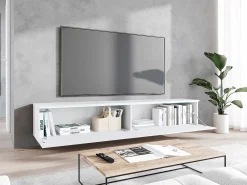 Hot Móvel de TV moderno 180 cm com LED para sala – 2 portas, sem puxadores, fosco, de chão ou suspenso, frentes MDF espinha de peixe Branco
