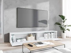 Hot Móvel de TV moderno 180 cm com LED para sala – 2 portas, sem puxadores, fosco, de chão ou suspenso, frentes MDF espinha de peixe Branco