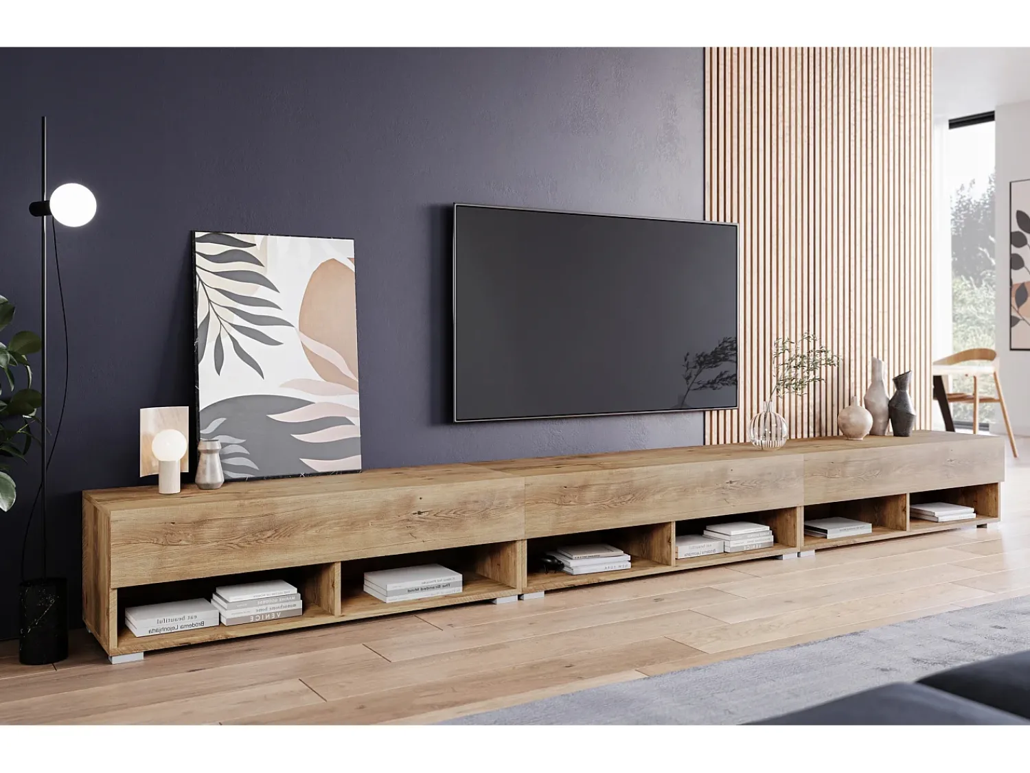 Móvel De Tv* Móvel de TV moderno 300 cm com LED – sem puxadores, castanheiro, suspenso ou de pé Castanho