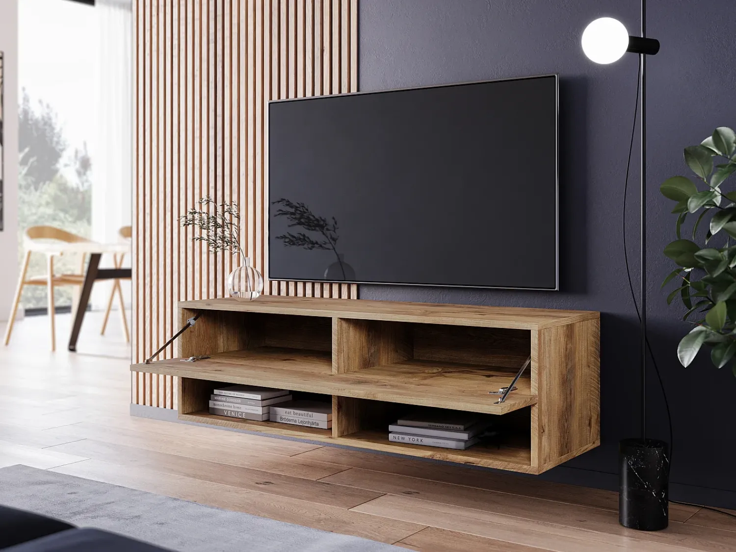 Móvel de TV moderno 100 cm com LED – sem puxadores, castanheiro, de chão ou suspenso^ Móvel De Tv