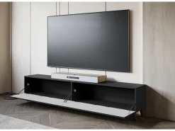 Móvel De Tv* Móvel de TV moderno 190 cm com pés para sala de estar, grafite mate, frentes em MDF fresadas em espinha de peixe Preto