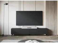 Móvel De Tv* Móvel de TV moderno 190 cm com pés para sala de estar, grafite mate, frentes em MDF fresadas em espinha de peixe Preto