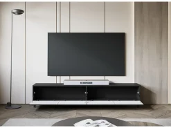 Móvel De Tv* Móvel de TV moderno 190 cm com pés para sala de estar, grafite mate, frentes em MDF fresadas em espinha de peixe Preto