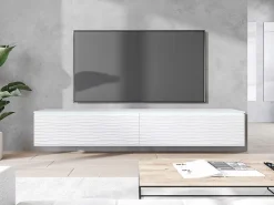 Móvel de TV moderno 180 cm com LED para sala – 2 portas, sem puxadores, fosco, de chão ou suspenso, frentes MDF ondulado^ Móvel De Tv