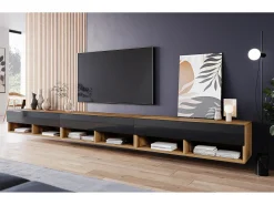 Móvel De Tv* Móvel de TV moderno 300 cm com LED – sem puxadores, corpo carvalho wotan, frentes preto brilho Polygloss, suspenso ou de pé Castanho