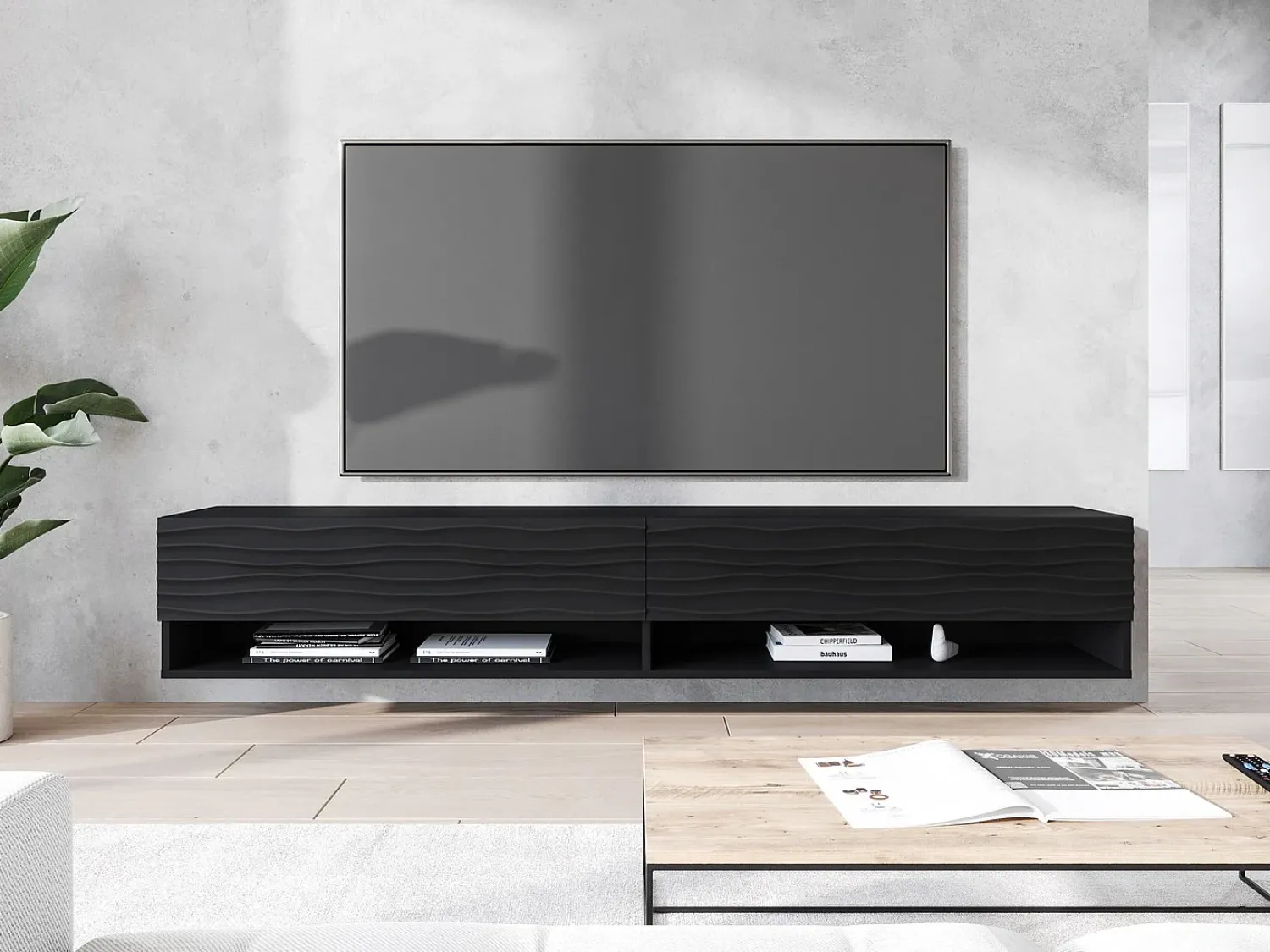 Outlet Móvel de TV moderno 180 cm com LED – corpo mate, frentes MDF ondulação, sem puxadores, suspenso ou de chão Preto