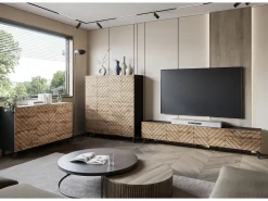 Móvel de TV moderno 190 cm grafite /carvalho wotan com pés para sala de estar, frentes em MDF fresadas em espinha de peixe^ Móvel De Tv