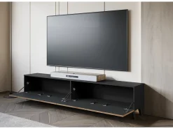 Móvel de TV moderno 190 cm grafite /carvalho wotan com pés para sala de estar, frentes em MDF fresadas em espinha de peixe^ Móvel De Tv
