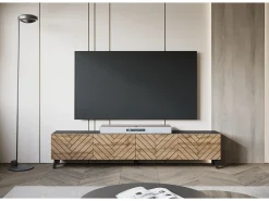 Móvel de TV moderno 190 cm grafite /carvalho wotan com pés para sala de estar, frentes em MDF fresadas em espinha de peixe^ Móvel De Tv