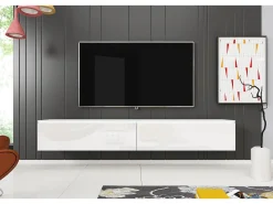 New Móvel de TV moderno 180 cm para sala com LED – 2 portas, sem puxadores, corpo fosco, frentes brilho, de chão ou suspenso Branco