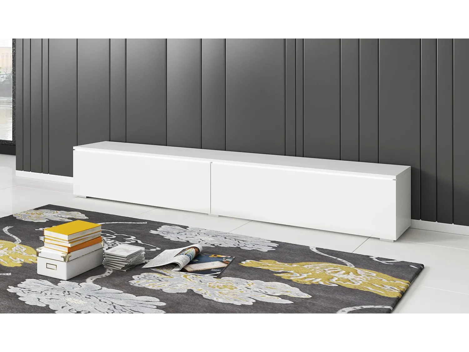 New Móvel de TV moderno 180 cm para sala com LED – 2 portas, sem puxadores, corpo fosco, frentes brilho, de chão ou suspenso Branco