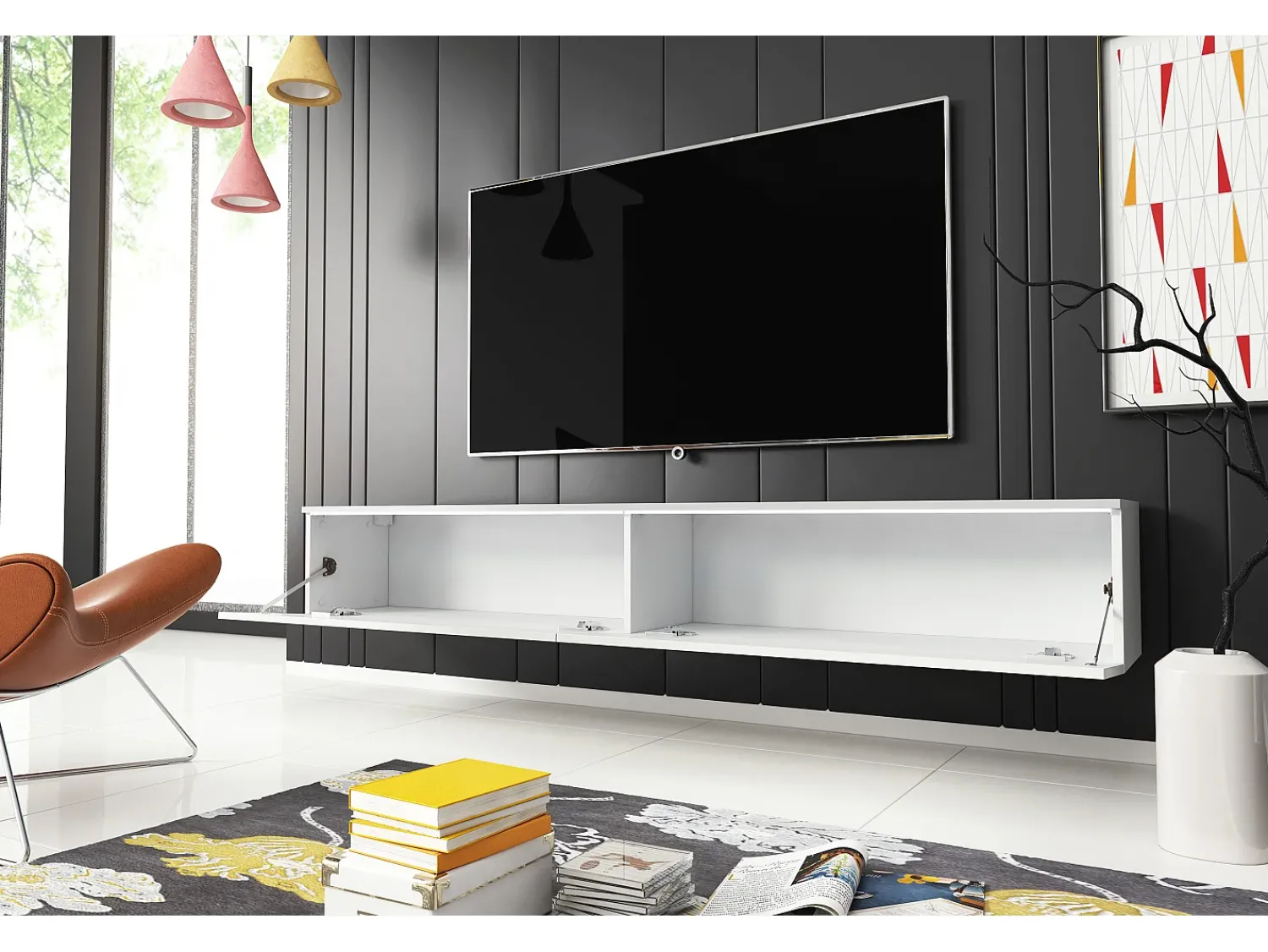 New Móvel de TV moderno 180 cm para sala com LED – 2 portas, sem puxadores, corpo fosco, frentes brilho, de chão ou suspenso Branco