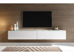 Móvel De Tv| Móvel de TV moderno 180 cm para sala com LED – 2 portas, sem puxadores, corpo betão fosco, frentes branco brilho, de chão ou suspenso Cinzento