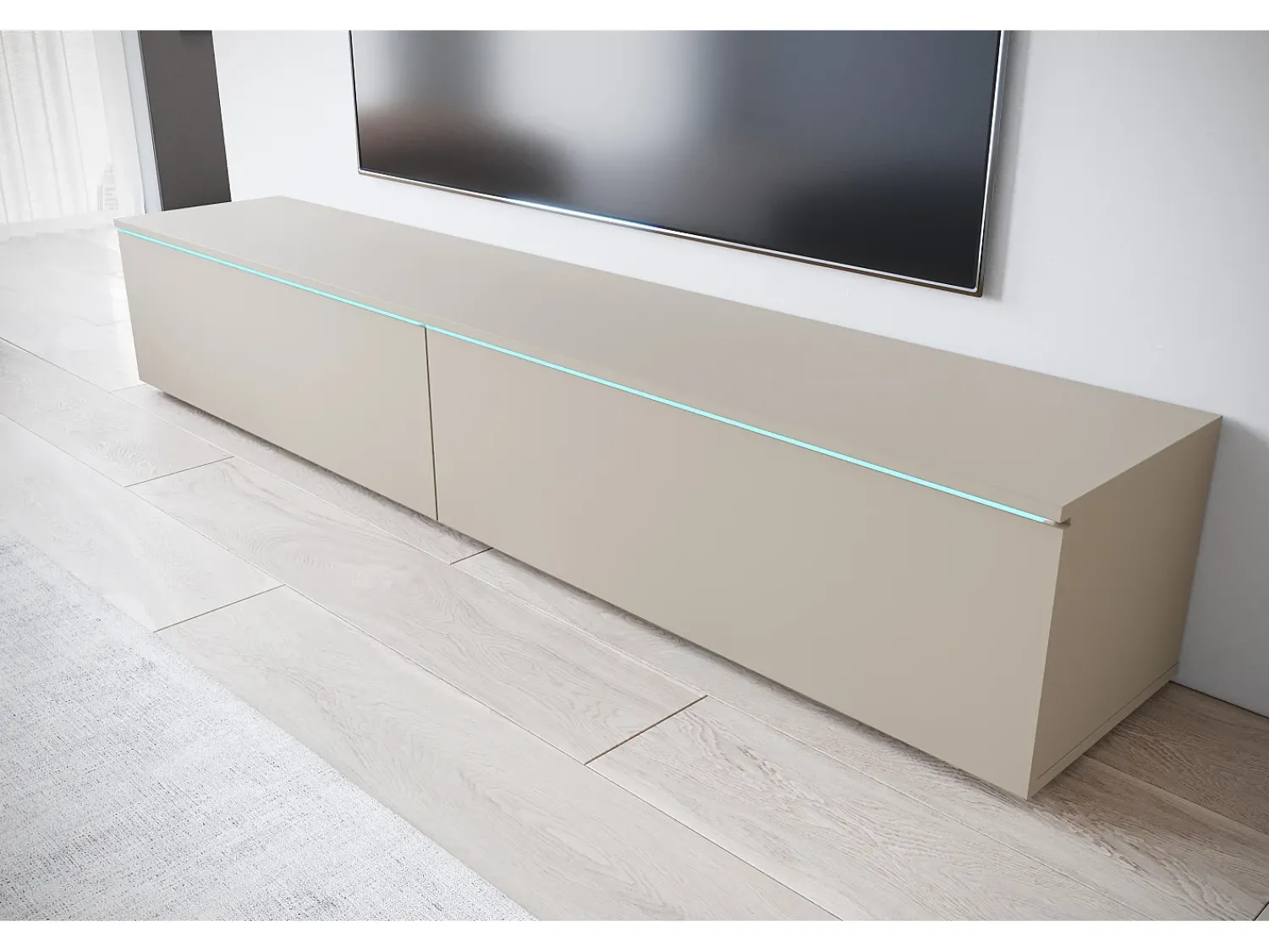 Móvel De Tv* Móvel de TV moderno 180 cm para sala – 2 portas, sem puxadores, acabamento mate, de chão ou suspenso, caxemira Bege
