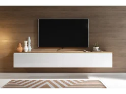 Móvel De Tv* Móvel de TV moderno 180 cm para sala com LED – 2 portas, sem puxadores, corpo carvalho wotan, frentes branco brilho, de chão ou suspenso Castanho