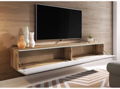 Móvel De Tv* Móvel de TV moderno 180 cm para sala com LED – 2 portas, sem puxadores, corpo carvalho wotan, frentes branco brilho, de chão ou suspenso Castanho