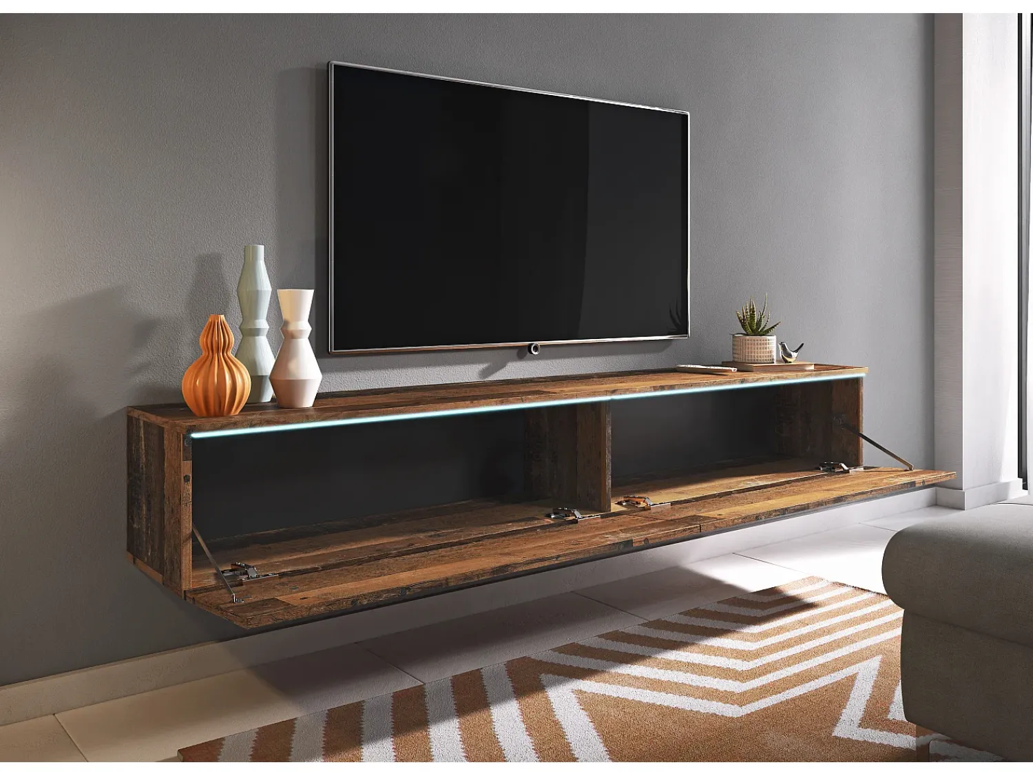 Sale Móvel de TV moderno 180 cm para sala com LED – 2 portas, sem puxadores, old style fosco, de chão ou suspenso Castanho