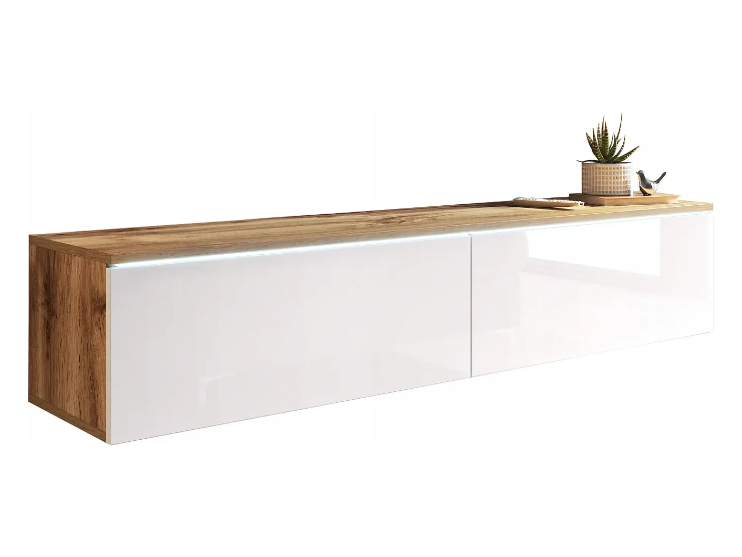 Móvel De Tv* Móvel de TV moderno 140 cm para sala – 2 portas sem puxadores, corpo carvalho wotan mate / frentes branco brilho, de chão ou suspenso Castanho / Branco