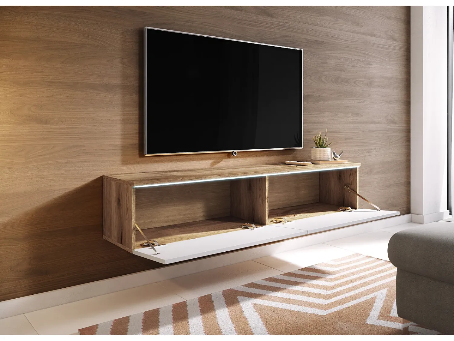 Móvel De Tv* Móvel de TV moderno 140 cm para sala – 2 portas sem puxadores, corpo carvalho wotan mate / frentes branco brilho, de chão ou suspenso Castanho / Branco