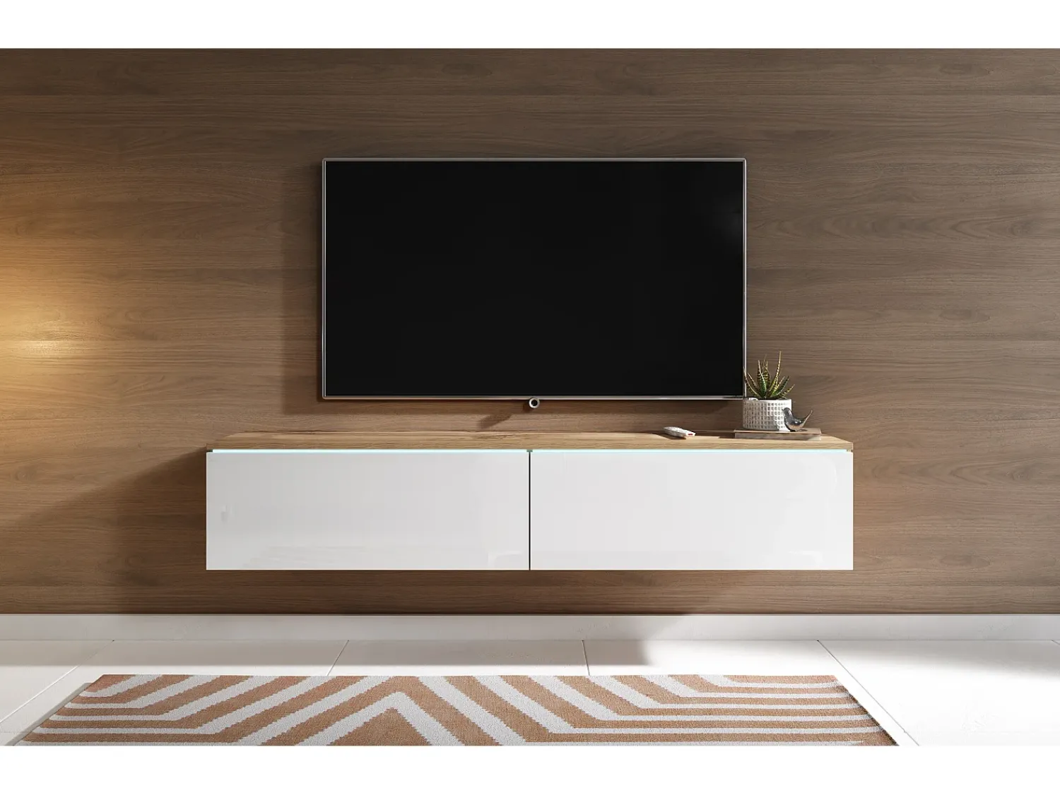 Móvel De Tv* Móvel de TV moderno 140 cm para sala – 2 portas sem puxadores, corpo carvalho wotan mate / frentes branco brilho, de chão ou suspenso Castanho / Branco