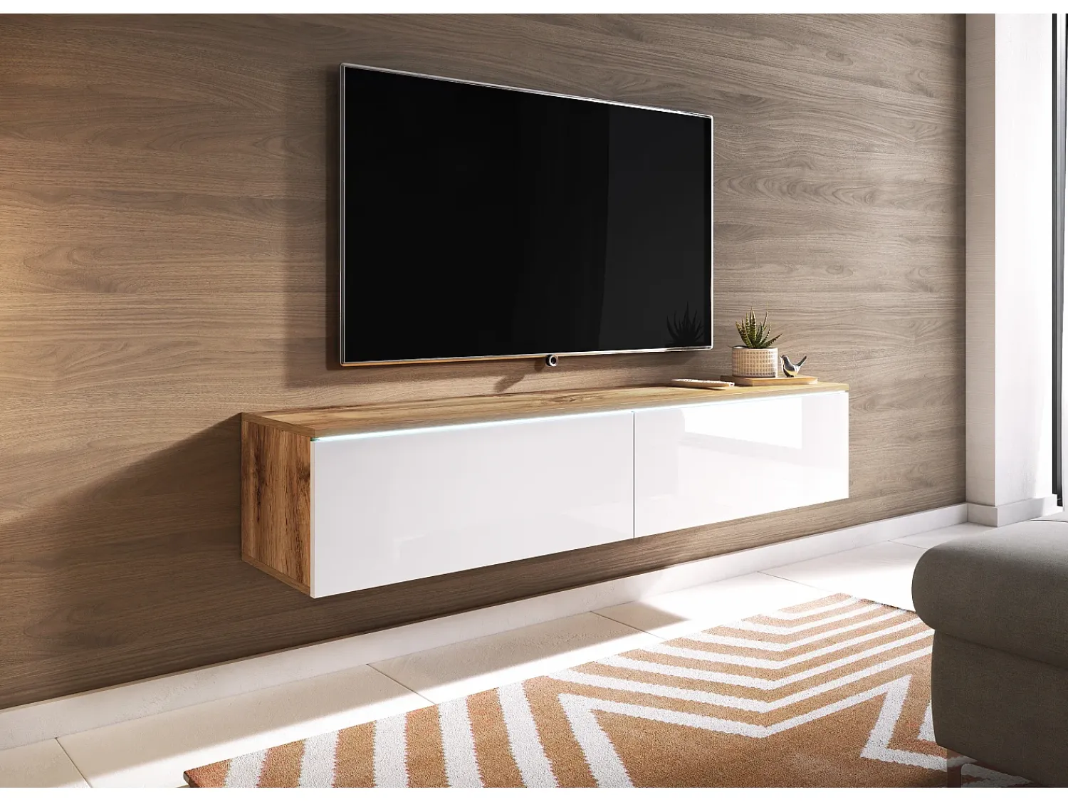 Móvel De Tv* Móvel de TV moderno 140 cm para sala – 2 portas sem puxadores, corpo carvalho wotan mate / frentes branco brilho, de chão ou suspenso Castanho / Branco