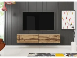 Móvel de TV moderno 140 cm para sala – 2 portas sem puxadores, carvalho wotan mate, de chão ou suspenso^ Móvel De Tv