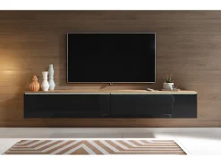 Móvel de TV moderno 180 cm para sala – 2 portas, sem puxadores, mate + brilho, de chão ou suspenso, carvalho wotan / preto brilho^ Móvel De Tv