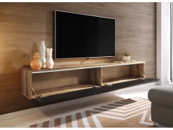 Móvel de TV moderno 180 cm para sala – 2 portas, sem puxadores, mate + brilho, de chão ou suspenso, carvalho wotan / preto brilho^ Móvel De Tv