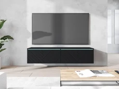 Clearance Móvel de TV moderno 140 cm para sala – 2 portas sem puxadores, acabamento mate, de chão ou suspenso, frentes em MDF espinha de peixe Preto