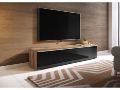 Móvel De Tv* Móvel de TV moderno 140 cm para sala – 2 portas sem puxadores, corpo carvalho wotan mate / frentes preto brilho, de chão ou suspenso Castanho