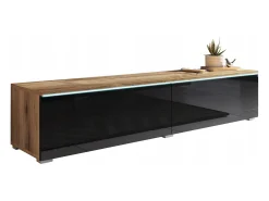 Móvel De Tv* Móvel de TV moderno 140 cm para sala – 2 portas sem puxadores, corpo carvalho wotan mate / frentes preto brilho, de chão ou suspenso Castanho