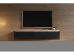 Móvel De Tv* Móvel de TV moderno 140 cm para sala – 2 portas sem puxadores, corpo carvalho wotan mate / frentes preto brilho, de chão ou suspenso Castanho
