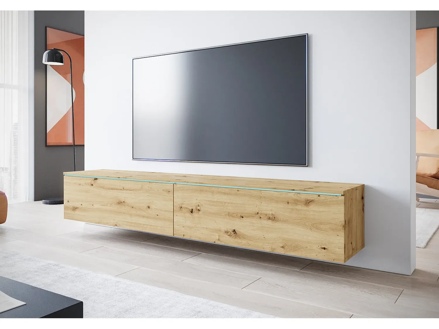 Clearance Móvel de TV moderno 180 cm para sala – 2 portas, sem puxadores, acabamento mate, de chão ou suspenso, carvalho artisan Natural escuro