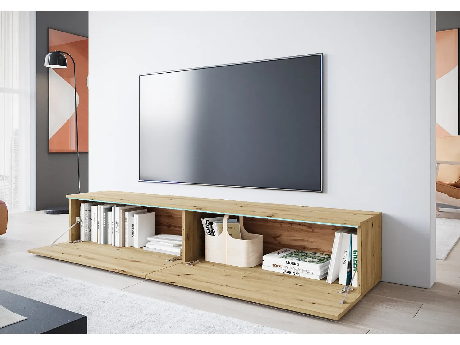 Clearance Móvel de TV moderno 180 cm para sala – 2 portas, sem puxadores, acabamento mate, de chão ou suspenso, carvalho artisan Natural escuro