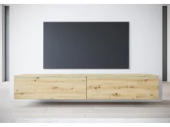 Clearance Móvel de TV moderno 180 cm para sala – 2 portas, sem puxadores, acabamento mate, de chão ou suspenso, carvalho artisan Natural escuro