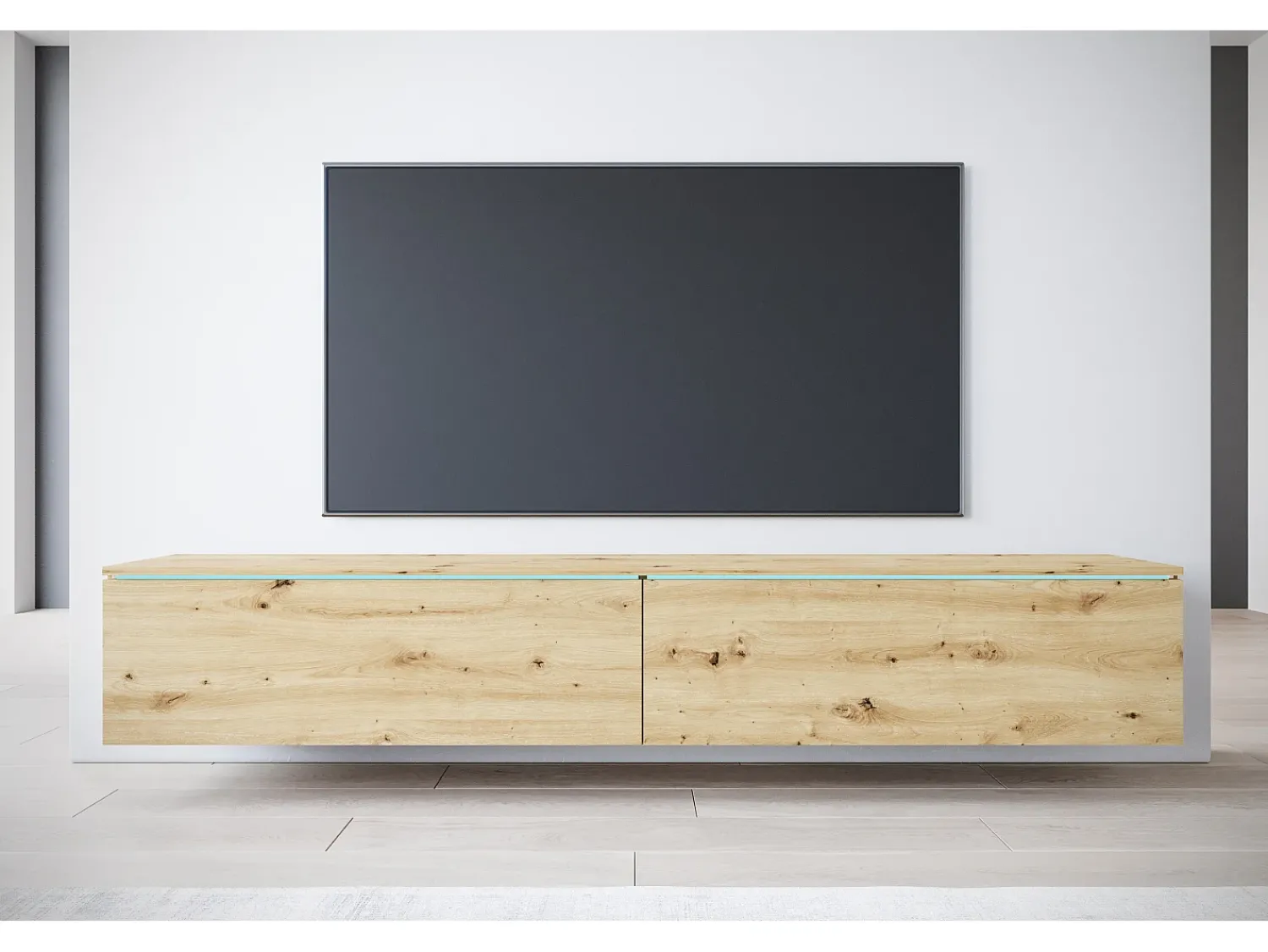 Clearance Móvel de TV moderno 180 cm para sala – 2 portas, sem puxadores, acabamento mate, de chão ou suspenso, carvalho artisan Natural escuro