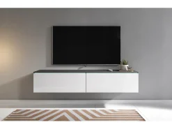Móvel De Tv* Móvel de TV moderno 140 cm para sala – 2 portas, sem puxadores, corpo carvalho Matera mate, frentes branco brilho, de chão ou suspenso Multicor