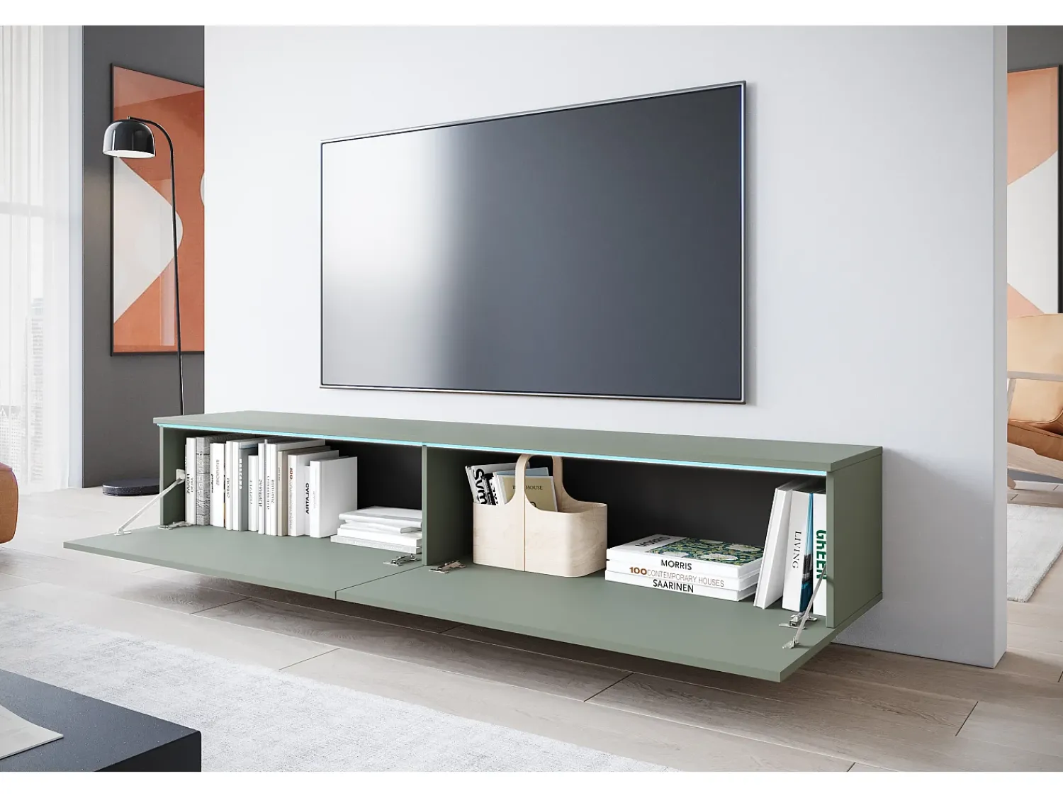 Clearance Móvel de TV moderno 180 cm para sala com LED – 2 portas, sem puxadores, verde névoa, de chão ou suspenso Verde claro
