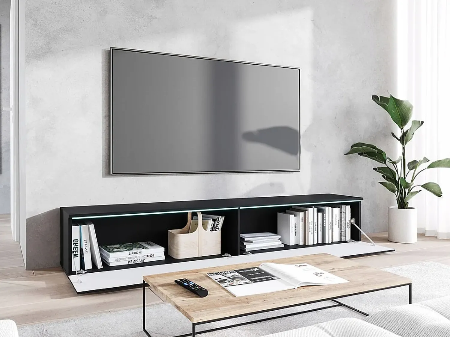 Hot Móvel de TV moderno 180 cm para sala – 2 portas sem puxadores, acabamento mate, de chão ou suspenso, frentes em MDF espinha de peixe mate Preto