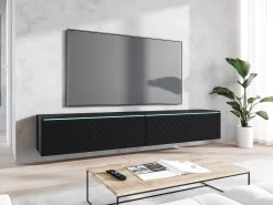 Hot Móvel de TV moderno 180 cm para sala – 2 portas sem puxadores, acabamento mate, de chão ou suspenso, frentes em MDF espinha de peixe mate Preto