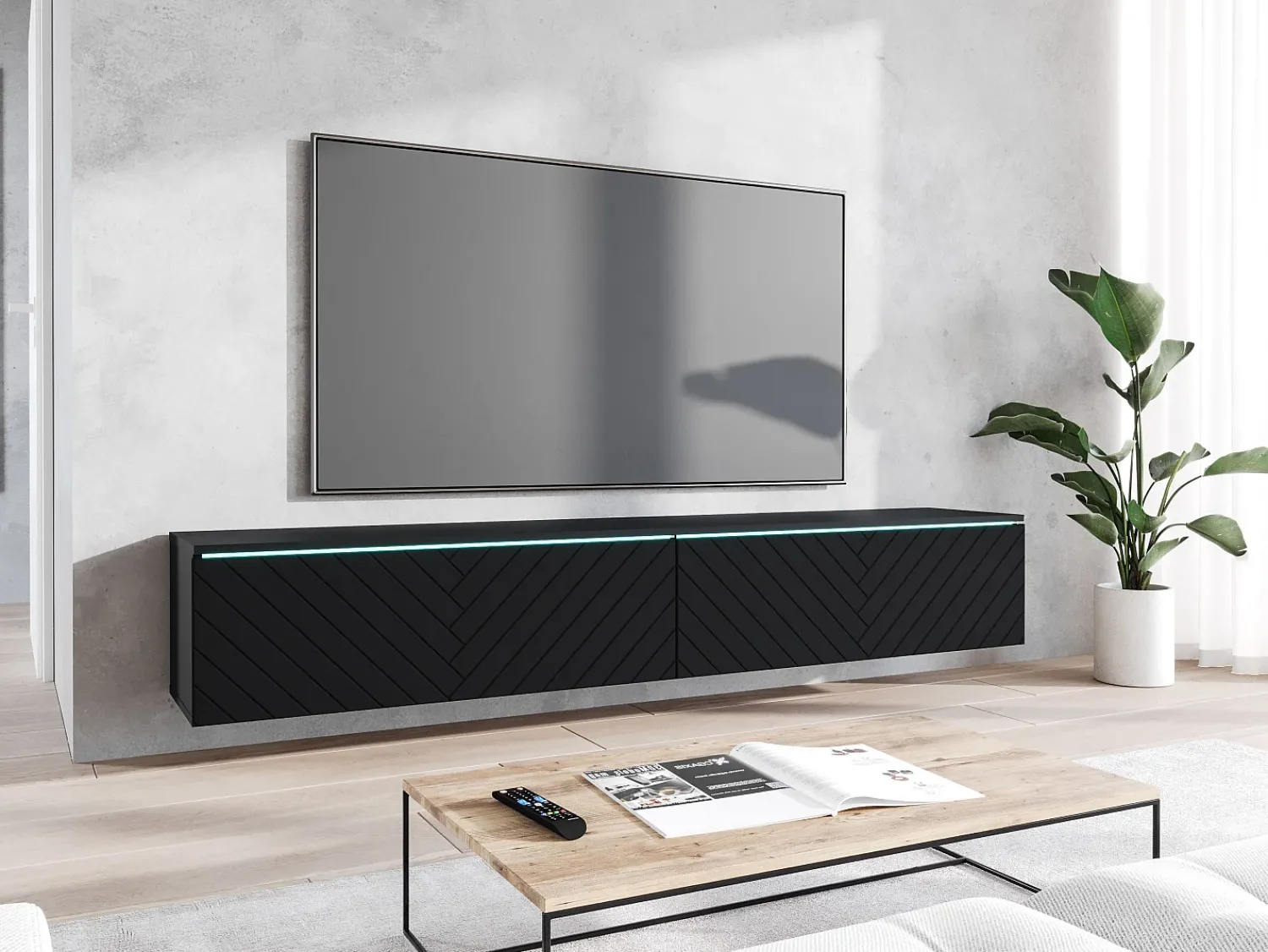 Hot Móvel de TV moderno 180 cm para sala – 2 portas sem puxadores, acabamento mate, de chão ou suspenso, frentes em MDF espinha de peixe mate Preto
