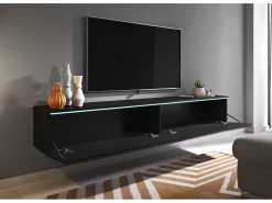 Móvel De Tv| Móvel de TV moderno 180 cm para sala – 2 portas, sem puxadores, acabamento mate, de chão ou suspenso, grafite Preto