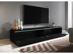 Móvel De Tv| Móvel de TV moderno 180 cm para sala – 2 portas, sem puxadores, acabamento mate, de chão ou suspenso, grafite Preto