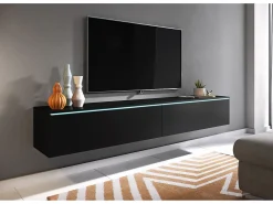Móvel De Tv| Móvel de TV moderno 180 cm para sala – 2 portas, sem puxadores, acabamento mate, de chão ou suspenso, grafite Preto